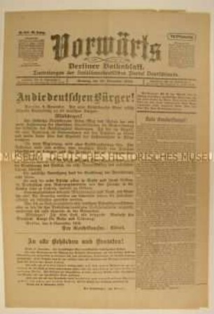 Zentralorgan der SPD "Vorwärts" mit zwei Aufrufen von Reichskanzler Ebert vom 9. November 1918