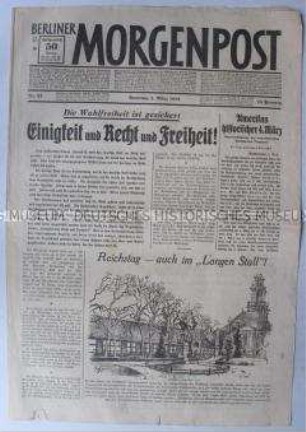 Tageszeitung "Berliner Morgenpost" zur Reichstagswahl am 5. März 1933