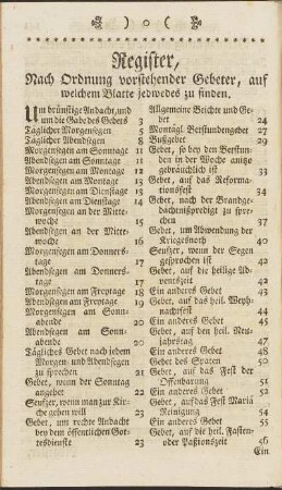 Register, Nach Ordnung vorstehender Gebeter, auf welchem Blatte jedwedes zu finden.