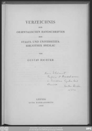 Verzeichnis der orientalischen Handschriften der Staats- und Universitäts-Bibliothek Breslau