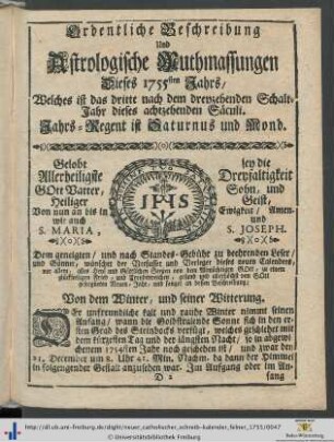 Ordentliche Beschreibung Und Astrologische Muthmassungen Dieses 1755sten Jahrs.