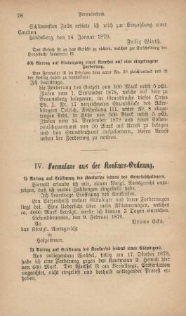 IV. Formulare aus der Konkurs-Ordnung