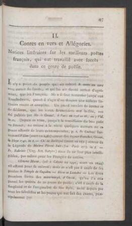 II. Contes en vers et Allégories. Notices littéraires sur les meilleurs poetes francois, qui ont travaillé avec succès dans ce genre de poesie