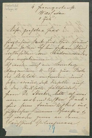 Brief von Hermine Spies an Mainzer Liedertafel