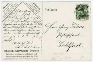 Postkarte Stosch-Sarrasani Dresden. Rückseite mit Autograph (gestempelt am 29.01.1912)