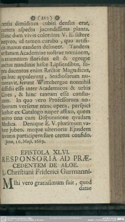 Epistola XLVI. Responsoria Ad Praecedentem De Aloe. L. Christiani Friderici Garmanni