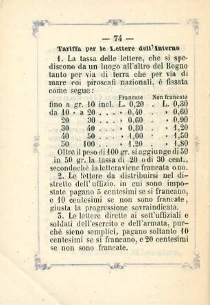Tariffa per le Lettere dell'Interno