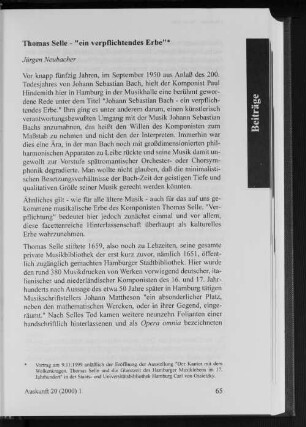 Thomas Selle - "ein verpflichtendes Erbe"