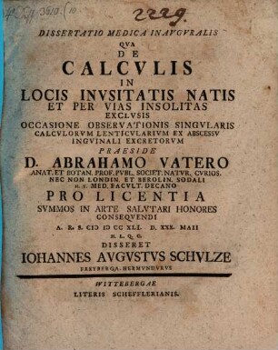 Diss. ... de calculis in locis inusitatis natis et per vias insolitus exclusis