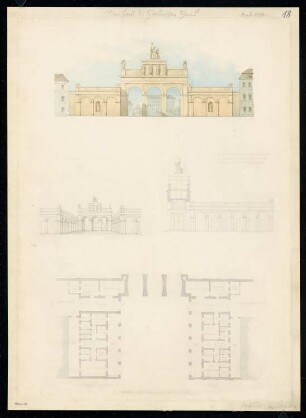 Umbau des Halleschen Tores, Berlin-Kreuzberg Monatskonkurrenz Dezember 1850: Grundriss, Aufriss, Längsschnitt mit Hofansicht Seitenflügel, perspektivische Ansicht; Maßstabsleiste