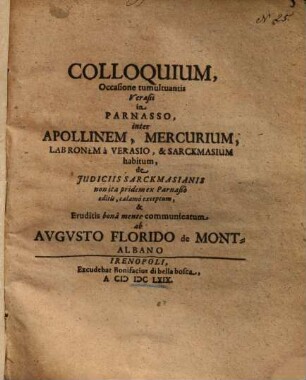 Colloquium, Occasione tumultuantis Verasii in Parnasso inter Apollinem, Mercurium ...