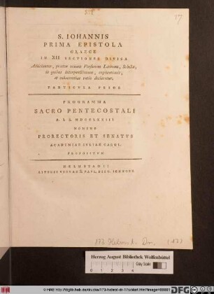 Programma Sacro Pentecostali A. I. S. MDCCLXXIII Nomine Prorectoris Et Senatvs Academiae Ivliae Carol. Propsitvm