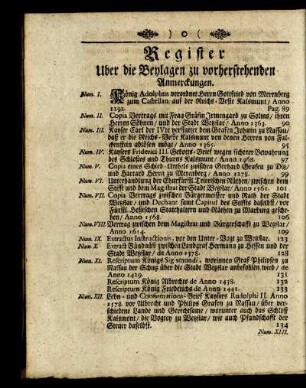 Register Uber die Beylagen zu verstehenden Anmerckungen.