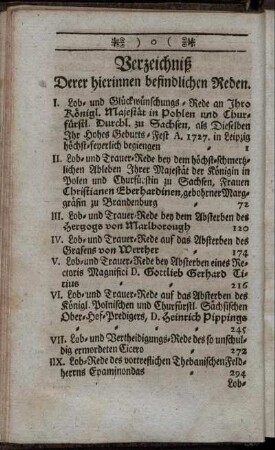 Verzeichniß Derer hierinnen befindlichen Reden.