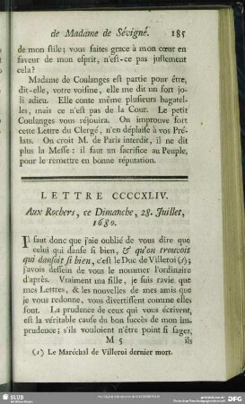 Lettre CCCCXLIV. Aux Rochers, ce Dimanche, 28. Juillet, 1680