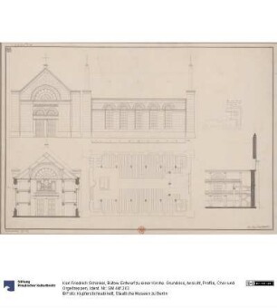 Bütow. Entwurf zu einer Kirche. Grundriss, Ansicht, Profile, Chor und Orgeltreppen