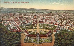 Postkartenalbum. "Karlsruhe i. B. aus der Vogelschau". Schloss mit Schlossplatz und Innenstadt