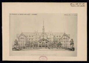 Kurhaus und Badeanlage, Hamm Monatskonkurrenz März 1882: Aufriss Hofansicht des Hauptflügels; Maßstabsleiste