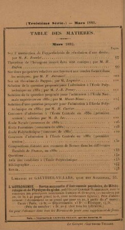 Table des matierès. Mars 1882.