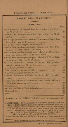 Table des matierès. Mars 1882.