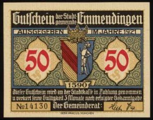 50 (Pfennig) Gutschein der Stadtgemeinde Emmendingen