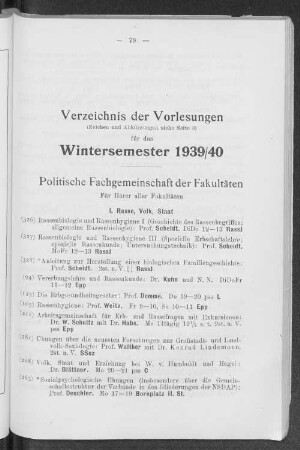 Verzeichnis der Vorlesungen Wintersemester 1939/40
