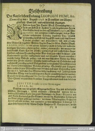 Beschreibung Der Kayserlichen Crönung Leopoldi Primi, & [et]c.