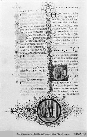 Breviarium Romanum, mit Kalendarium : Textseite mit im Bordürenstab eingeschlossener Medaillon, darin Darbringung von Tauben durch Maria (?), sowie historisierte Initiale.
