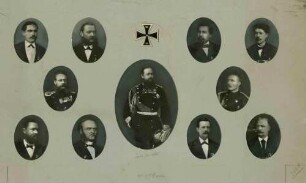 Prinz von Weimar als auch andere Offiziere in Uniform, teils mit Mütze und Orden und Zivilisten (elf Personen), Brustbilder in Halbprofil