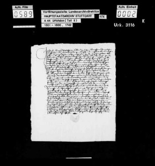 Urban Kuwtz zu Pleidelsheim wegen einiger Vergehen beim Bauernaufruhr zu Verlassen des Amts Marbach verurteilt, jedoch auf Fürbitten des Junkers Jakob von Bernhausen gegen eine Geldstrafe von 4 fl begnadigt, schwört U. und verspricht, fortan keine Wehr außer einem abgebrochenen Brotmesser zu tragen, offene Zechen zu meiden und an keinem Aufruhr mehr teilzunehmen.