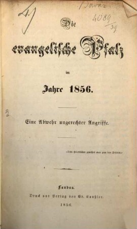 Die evangelische Pfalz im Jahre 1856 ...