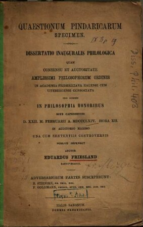 Quaestionum Pindaricarum Specimen : Dissertatio Inauguralis Philologica
