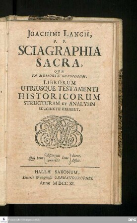 Joachimi Langii, P. P. Sciagraphia Sacra, Quæ In Memoriæ Subsidium, Librorum Utriusque Testamenti Historicorum Structuram Et Analysin Succincte Exhibet
