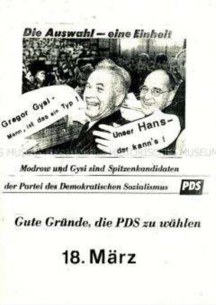 Illustriertes Flugblatt der PDS zur Volkskammerwahl der DDR am 18. März 1990