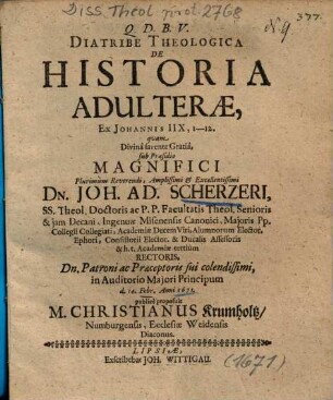 Diatribe Theologica De Historia Advlterae Ex Johannis IIX, 1 - 12