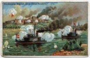 Sammelbild "Beschiessung Belgrads durch Donau-Monitore" der Schuhfabrik Häfner in Follbach aus der Serie " Der Weltkrieg 1914-15" (Serie 799, Nr. 6)