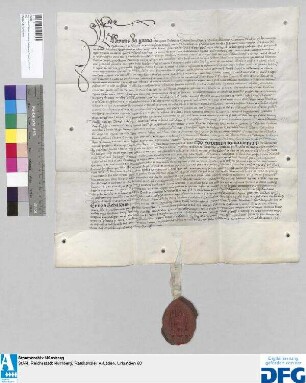 Sebald, Abt des St. Aegydienklosters zu Nürnberg, vidimiert die Bestätigungsurkunde König Ludwigs von Ungarn vom 29. Juli 1357 mit darin eingeschalteten weiteren Urkunden (vom 6. Januar 1336, 6. Juli 1357, 29. Juli 1357, 5. Juli 1364). - Siegler: der Aussteller.
