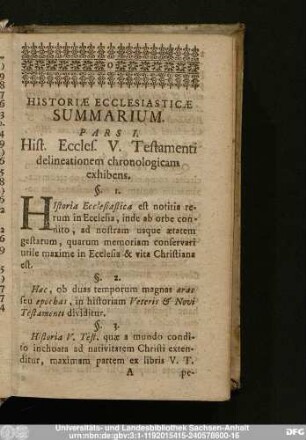 Historiae Ecclesiasticae Summarium.