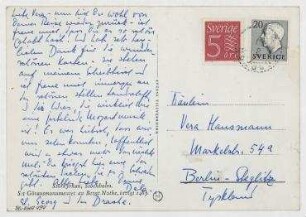 Ansichtspostkarte von Dela Blakmar an Vera Hausmann. Norberg/Schweden