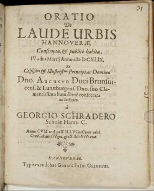 Oratio De Laude Urbis Hannoverae