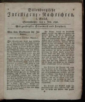 I. Stück. Sonnabends: den 2. Jan. 1796.