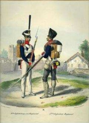 Uniformdarstellung, Infanteristen des 8. und des 12. Infanterie-Regiments, Preußen 1830. Aus: Elzholz u.a.: Das Preussische Heer. Tafel 31.