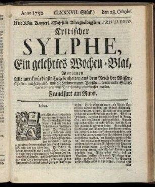 (LXXXVII. Stück.) den 28. Octobr. Anno 1752.