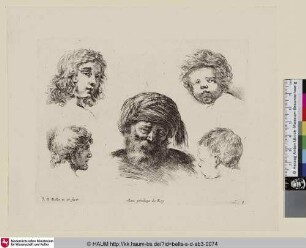 [Fünf Kopfstudien von Jungen und Männern unterschiedlichen Alters, im Zentrum alter Mann mit Turban und Bart; ... tête de vieillard avec turban et barbe ... quatre têtes plus petites de jeunes gens]