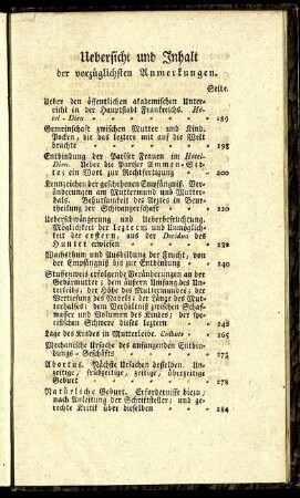 Uebersicht und Inhalt der vorzüglichen Anmerkungen.