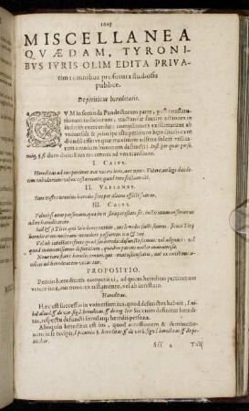 Miscellanea Quædam, Tyronibus Iuris Olim Edita Privatim [...]