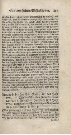 Almanach der deutschen Musen, auf das Jahr 1776.