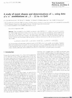 A study of event shapes and determinations of alpha(s) using data of e+ e- annihilations at root(s) = 22 to 44 GeV