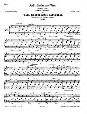 Felix Mendelssohn-Bartholdys Werke, 11,77. Nr. 77, Sechs Lieder ohne Worte : drittes Heft ; op. 38. - 17 S. - Pl.-Nr. M.B.77
