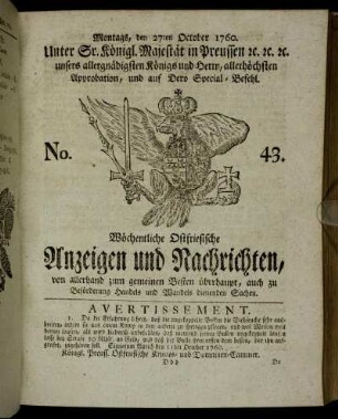 No. 43. Montags, den 27ten October 1760.